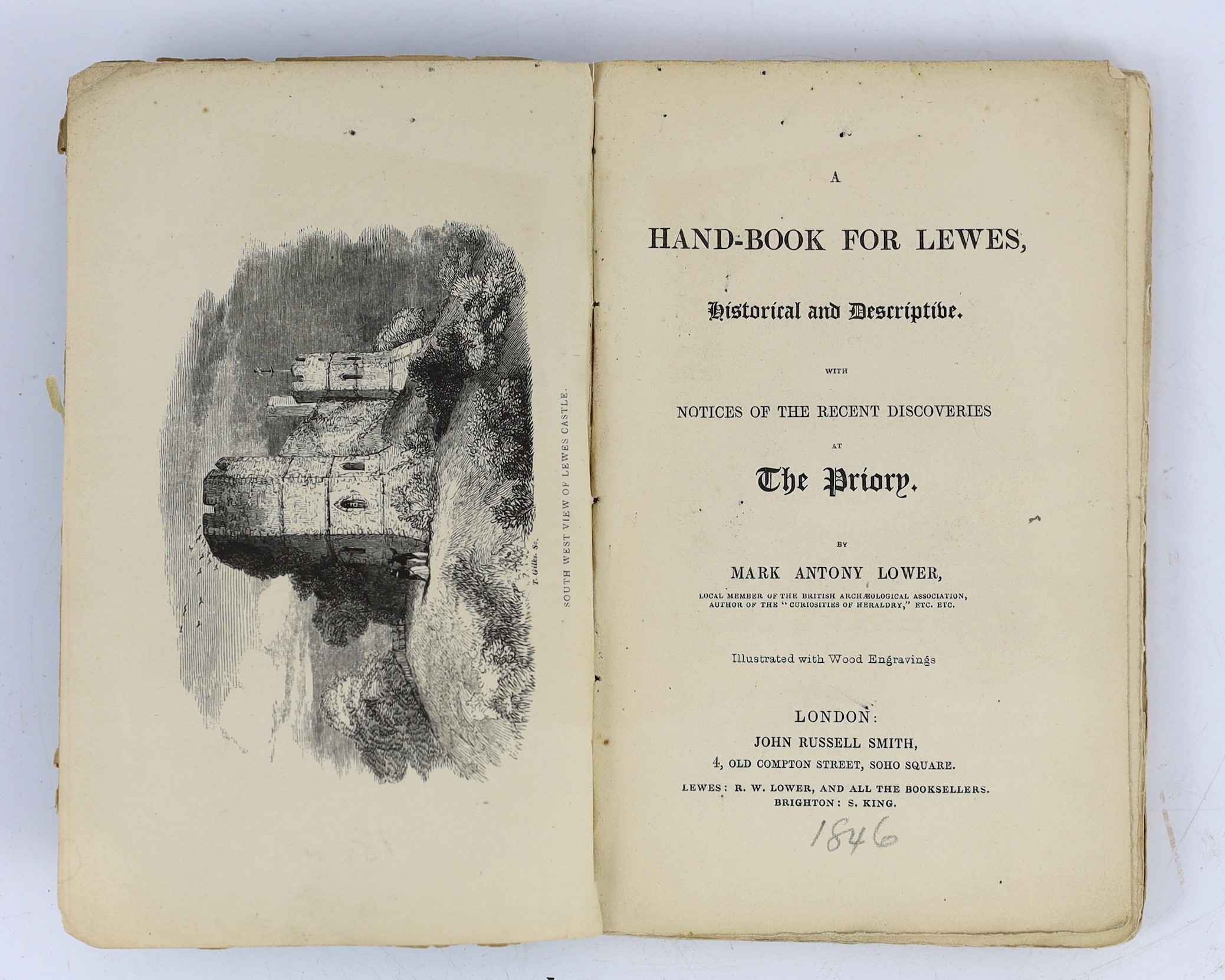 SUSSEX: Lower, Mark Antony - A Hand-Book for Lewes ... With notices of the recent discoveries at the Priory. frontis and num. engraved text illus., original printed wrappers, uncut, sm.8vo. (?1846)